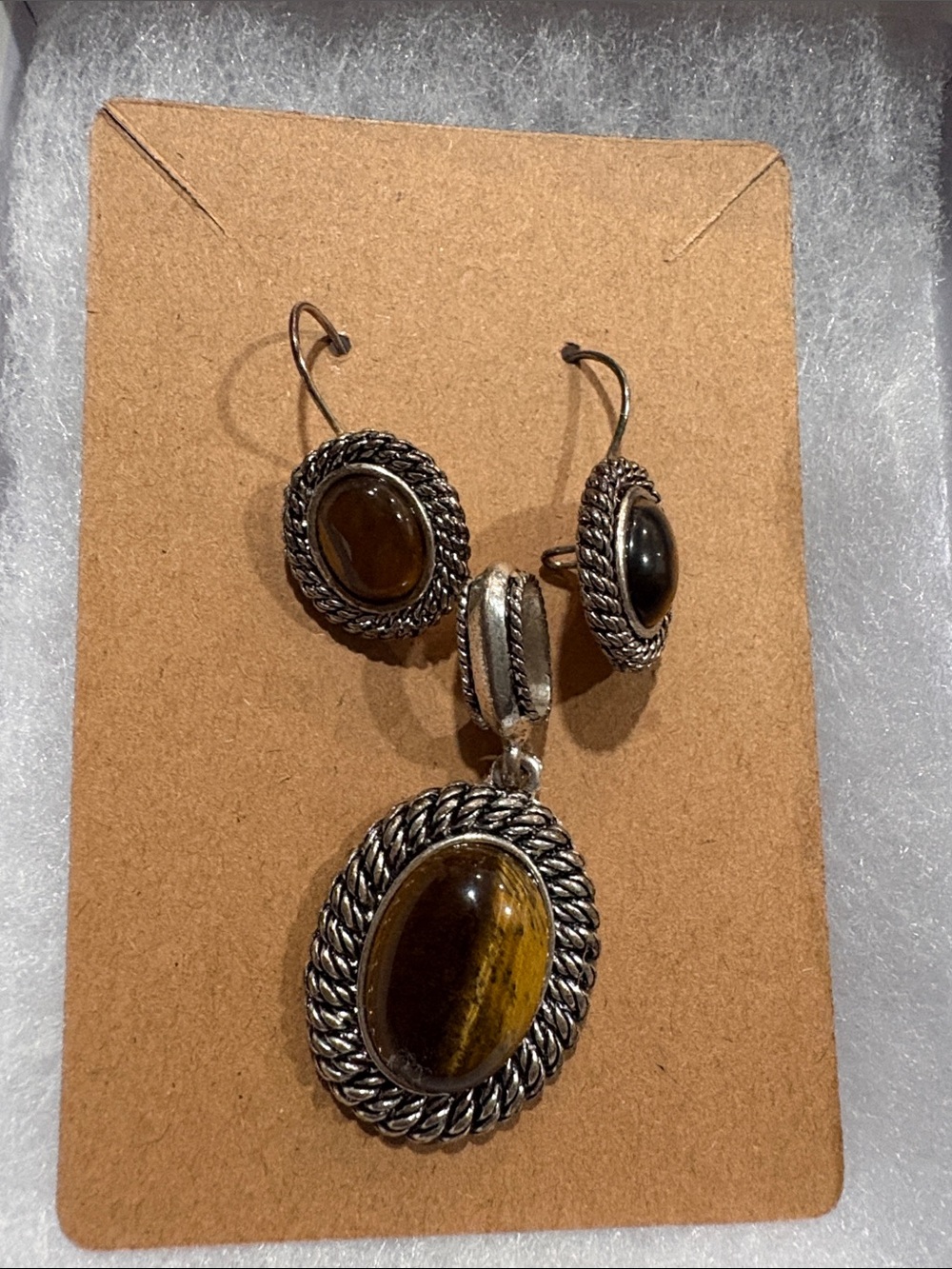 Avon Brown Tiger's Eye Pendant and Earring Set